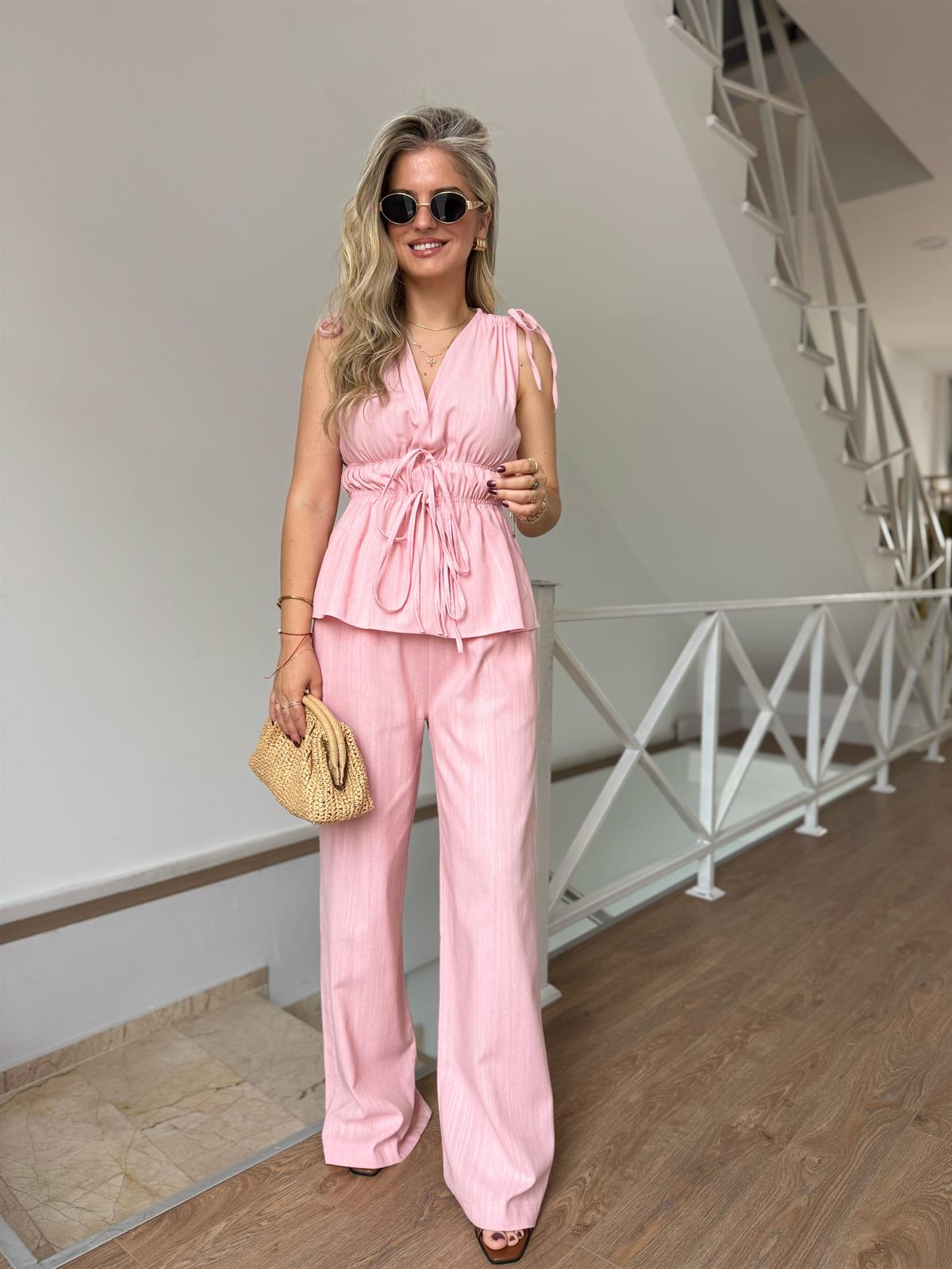 Lastik Detaylı Bluz Pantolon Takım - Pembe