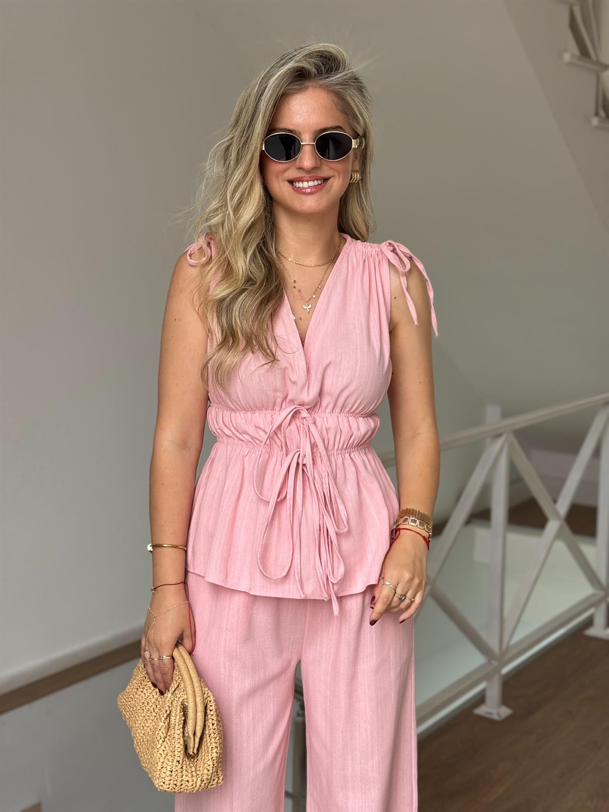 Lastik Detaylı Bluz Pantolon Takım - Pembe