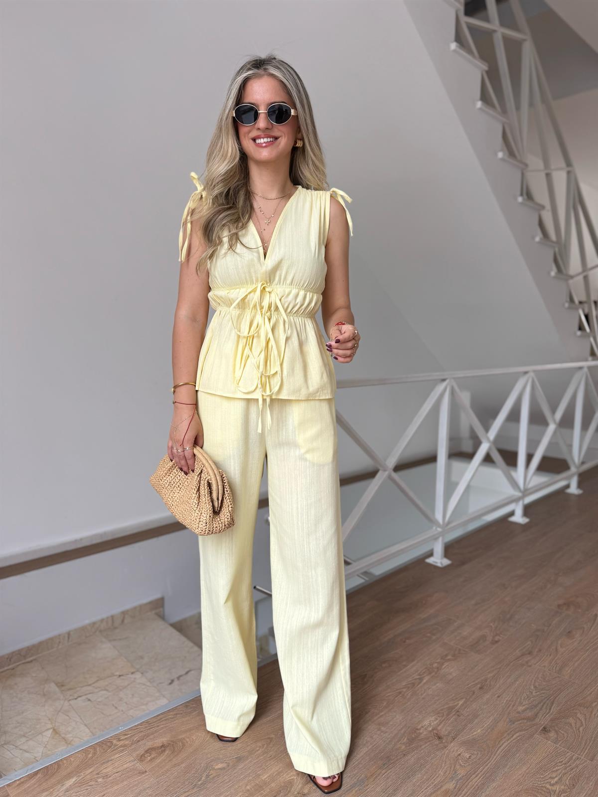 Lastik Detaylı Bluz Pantolon Takım - Sarı 