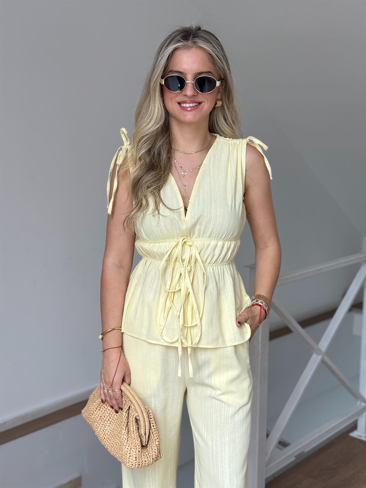 Lastik Detaylı Bluz Pantolon Takım - Sarı 