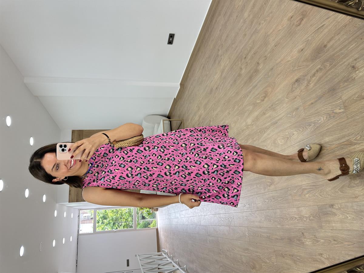 Leopar Desen Çan Elbise-Pembe