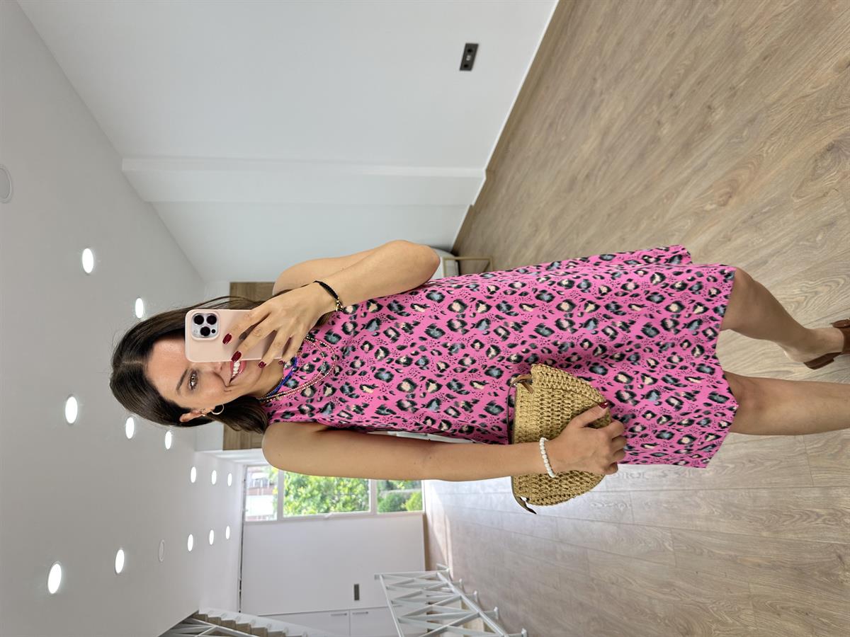 Leopar Desen Çan Elbise-Pembe