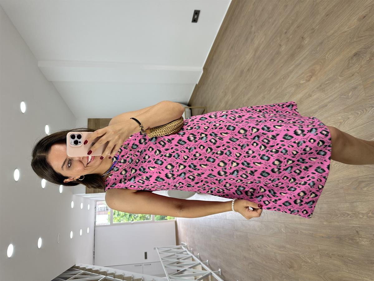Leopar Desen Çan Elbise-Pembe