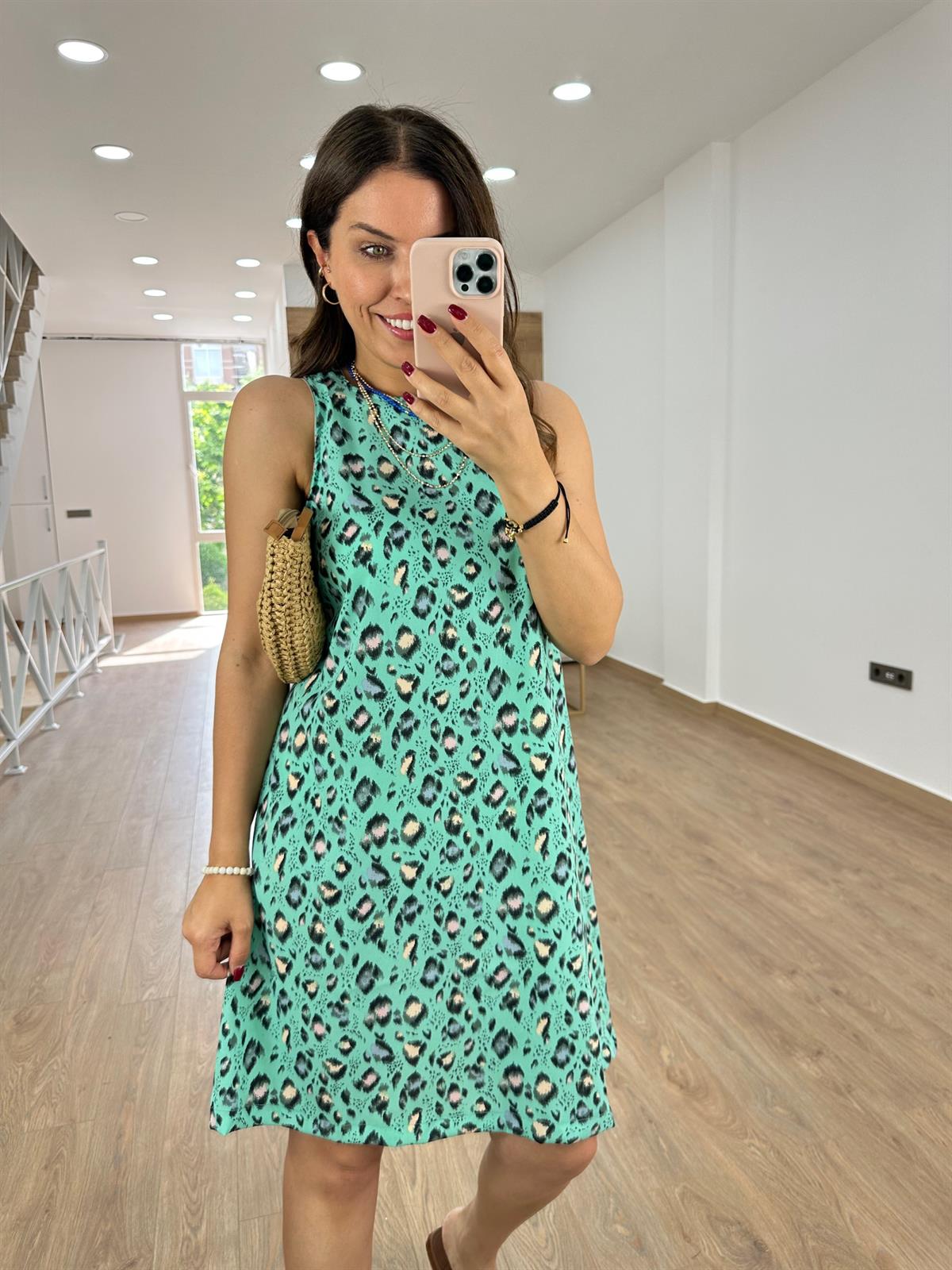 Leopar Desen Çan Elbise-Yeşil