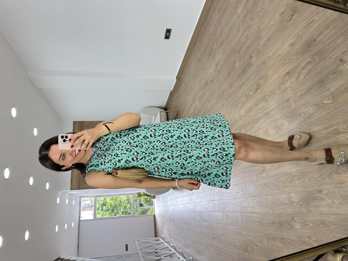 Leopar Desen Çan Elbise-Yeşil