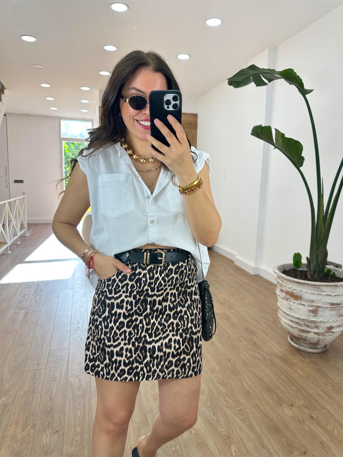 Leopar Desen Denim Etek