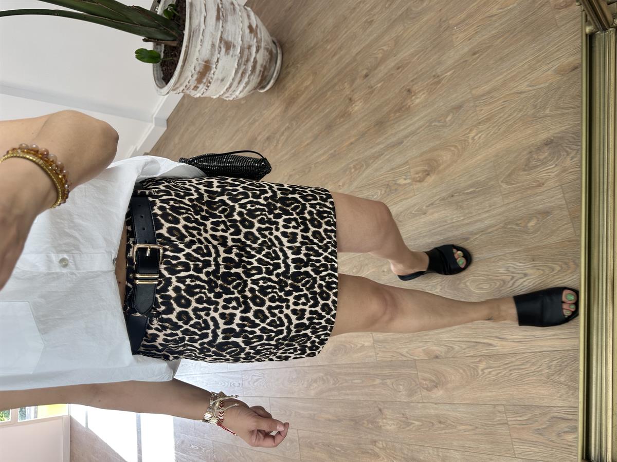 Leopar Desen Denim Etek