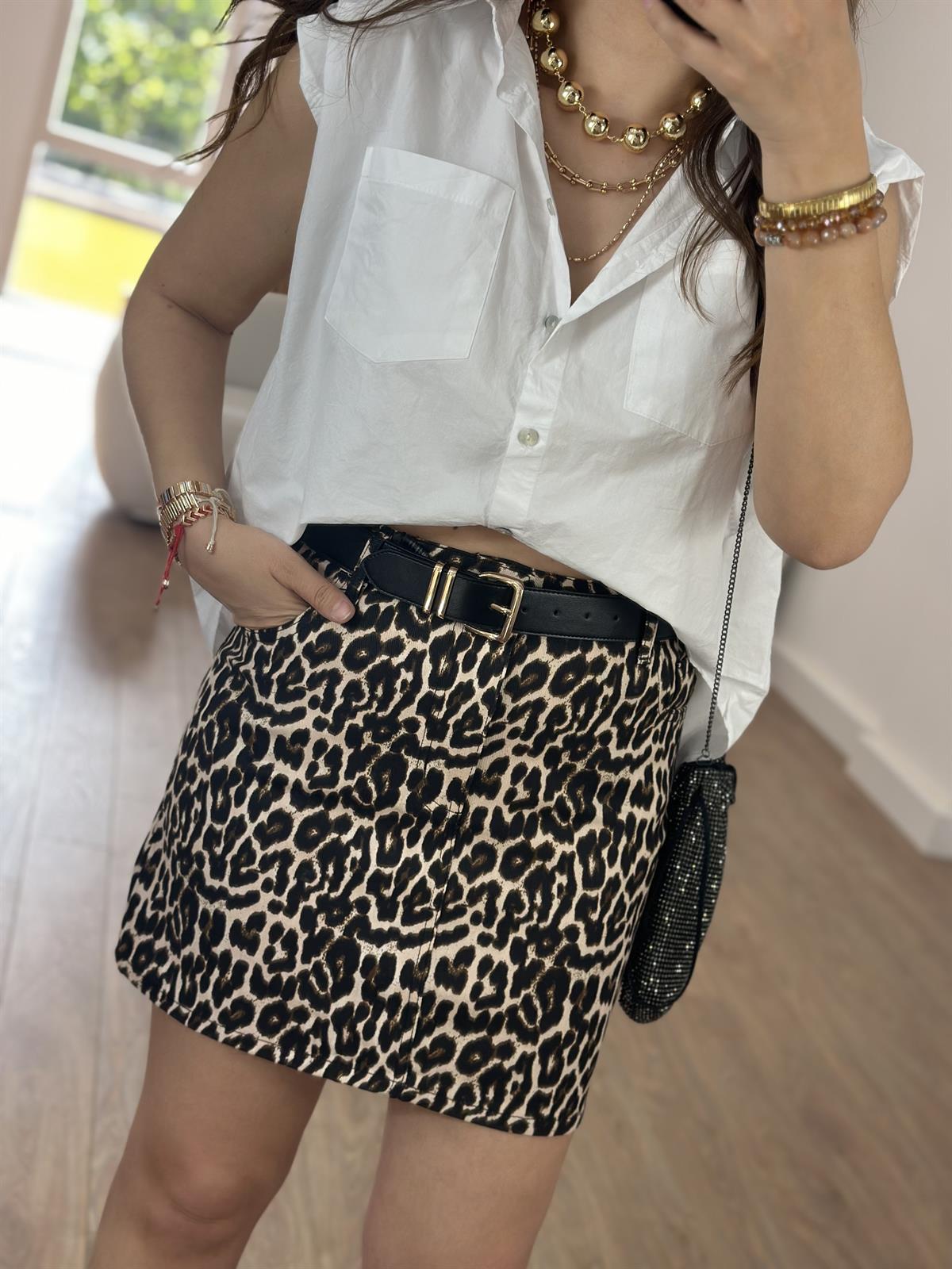 Leopar Desen Denim Etek