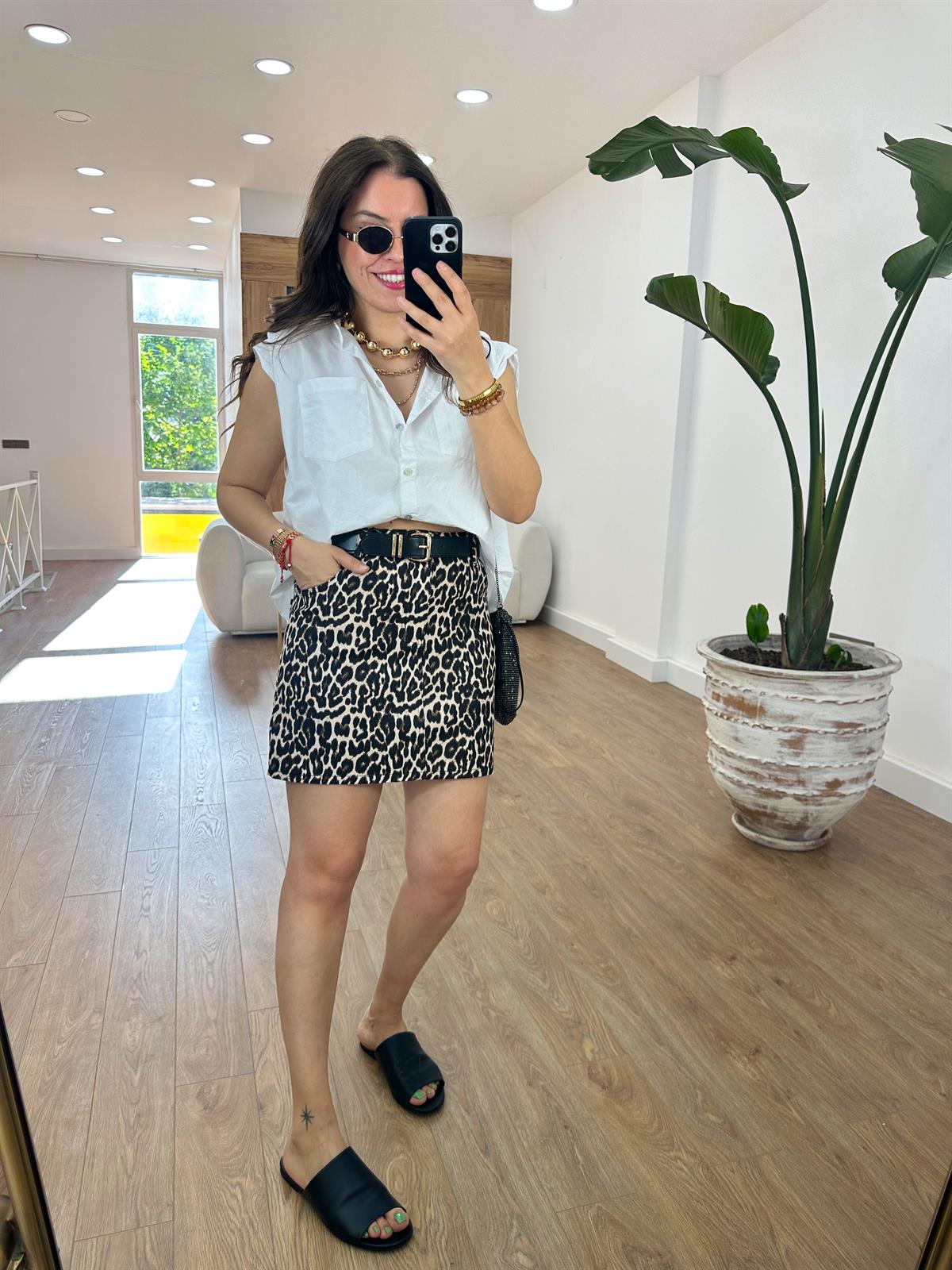 Leopar Desen Denim Etek