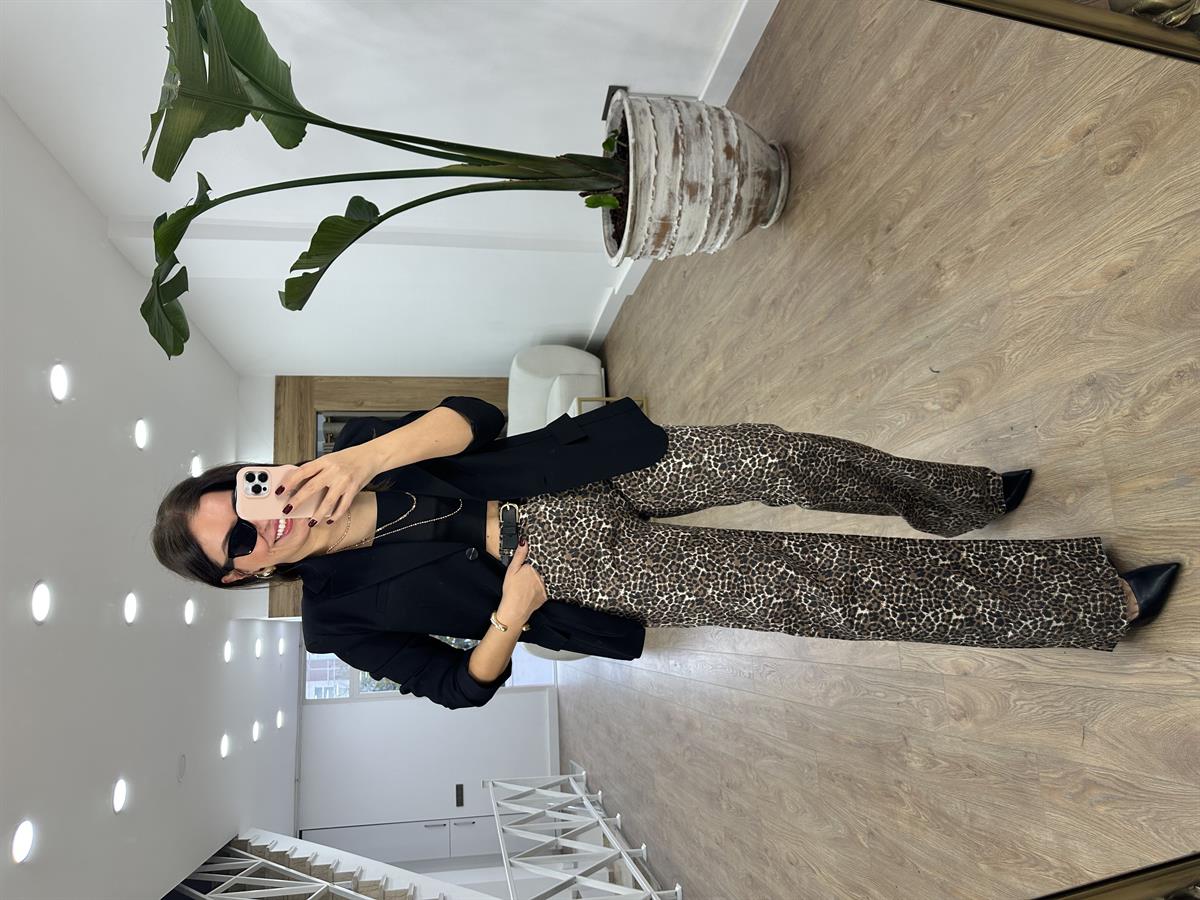 Leopar Desen Jean Palazzo Pantolon