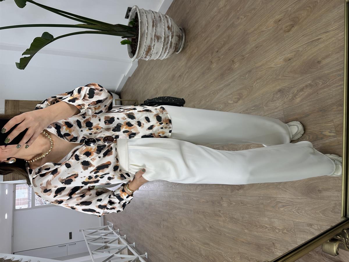 Leopar Desen Saten Gömlek