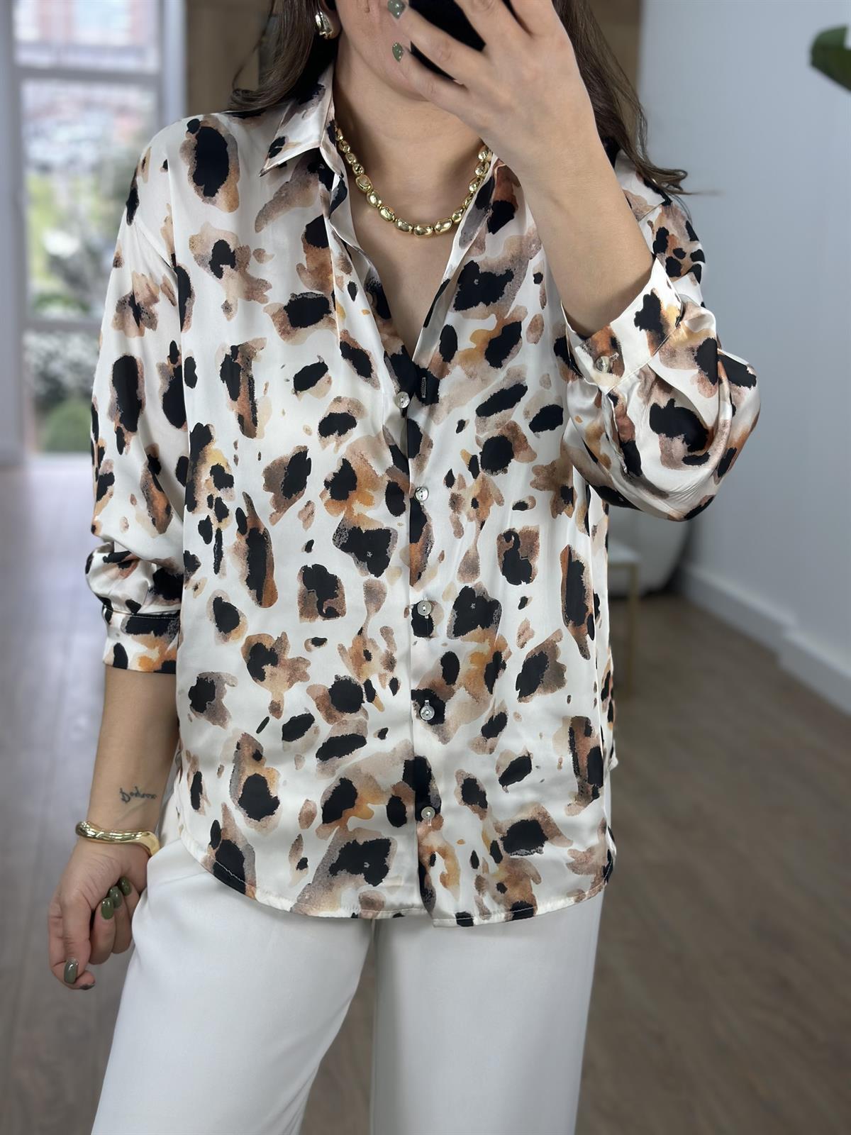 Leopar Desen Saten Gömlek