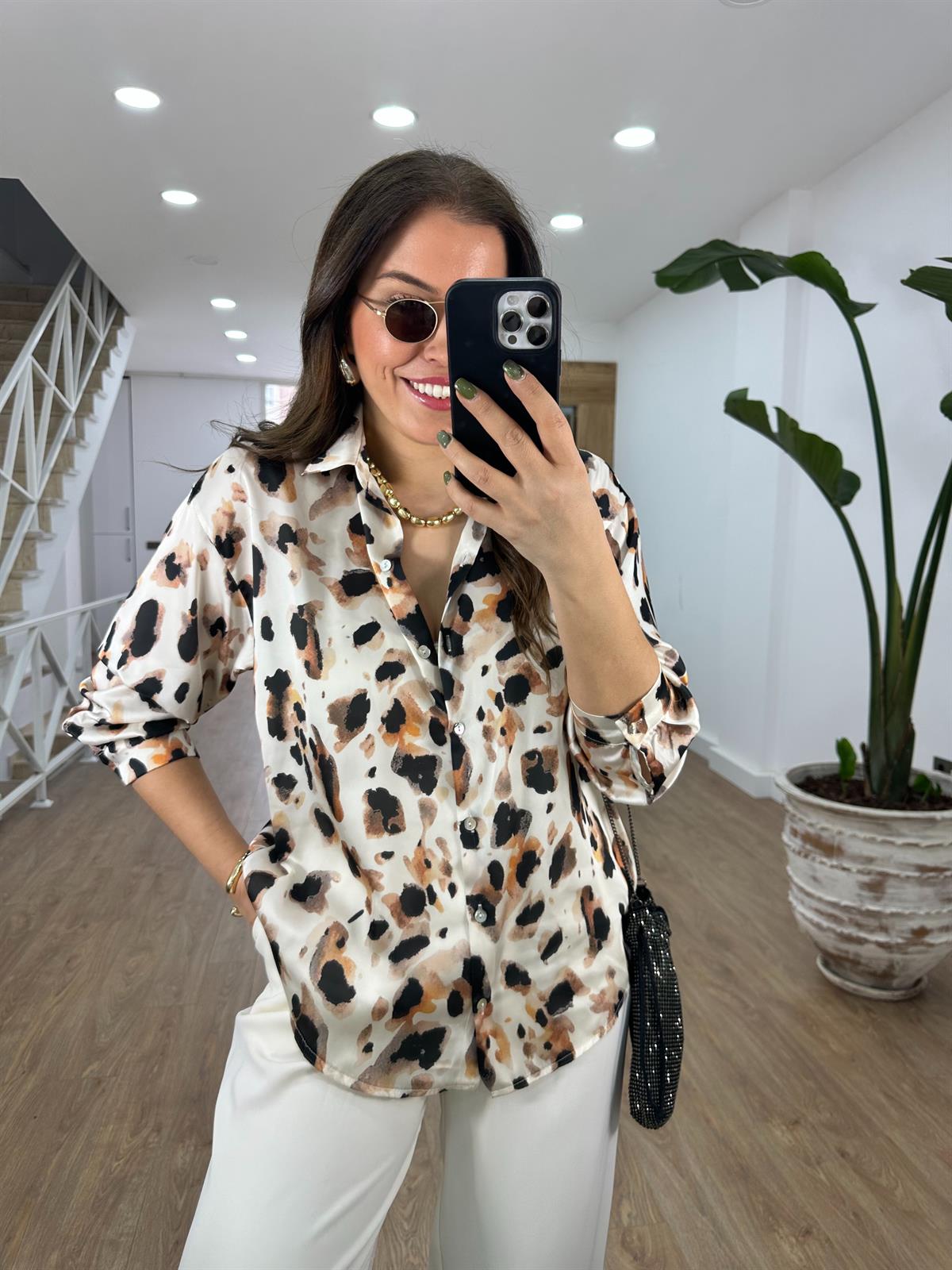 Leopar Desen Saten Gömlek