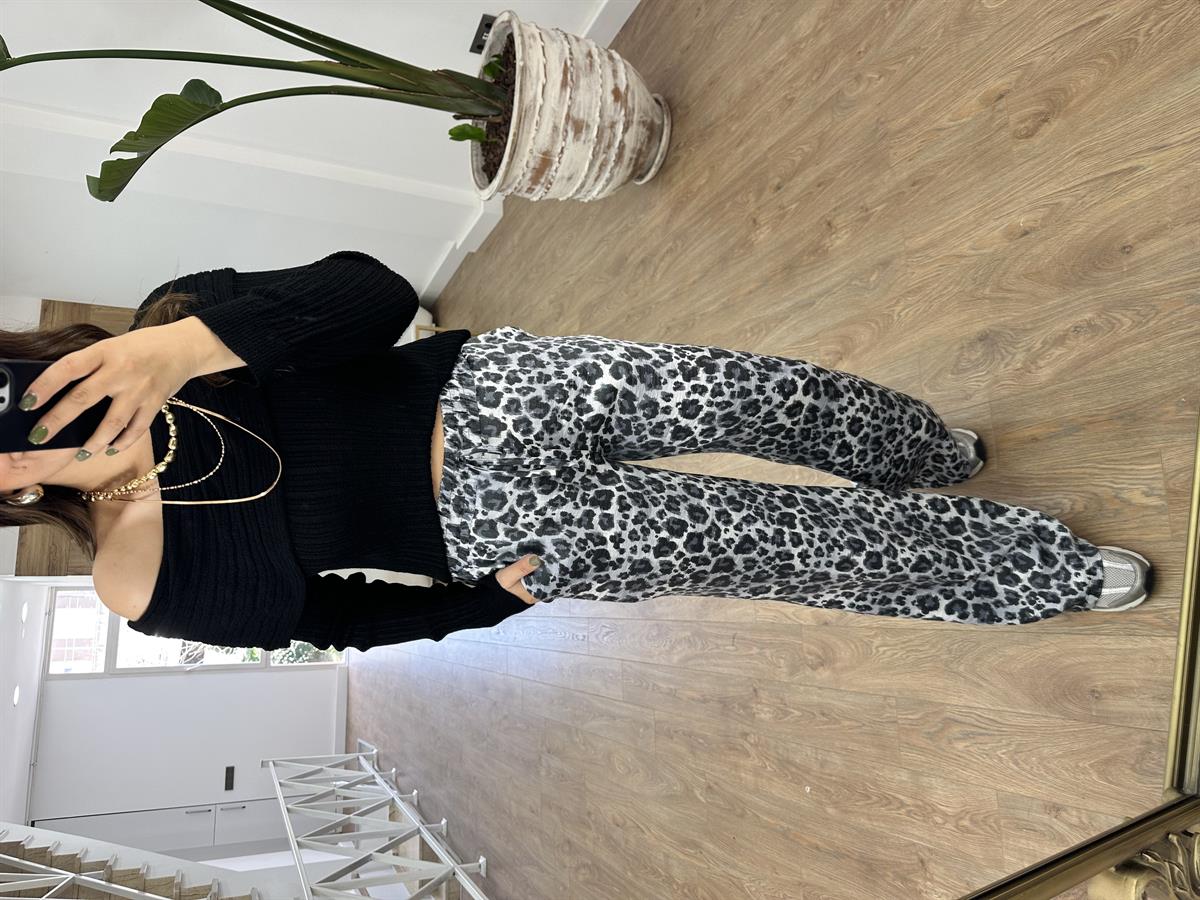 Leopar Desen Saten Palazzo Pantolon-Gri