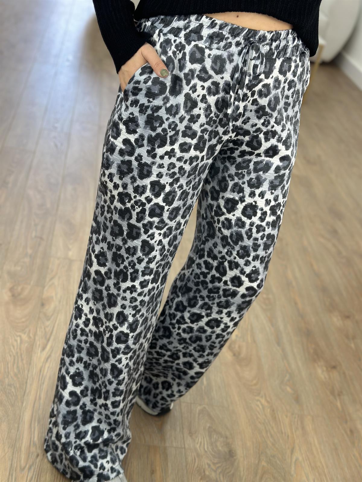 Leopar Desen Saten Palazzo Pantolon-Gri