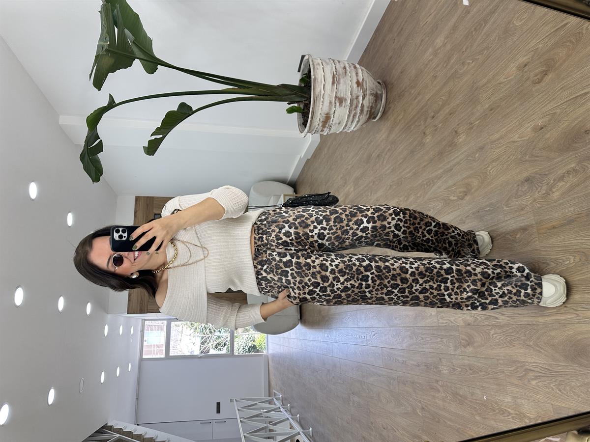 Leopar Desen Saten Pantolon-Kahverengi