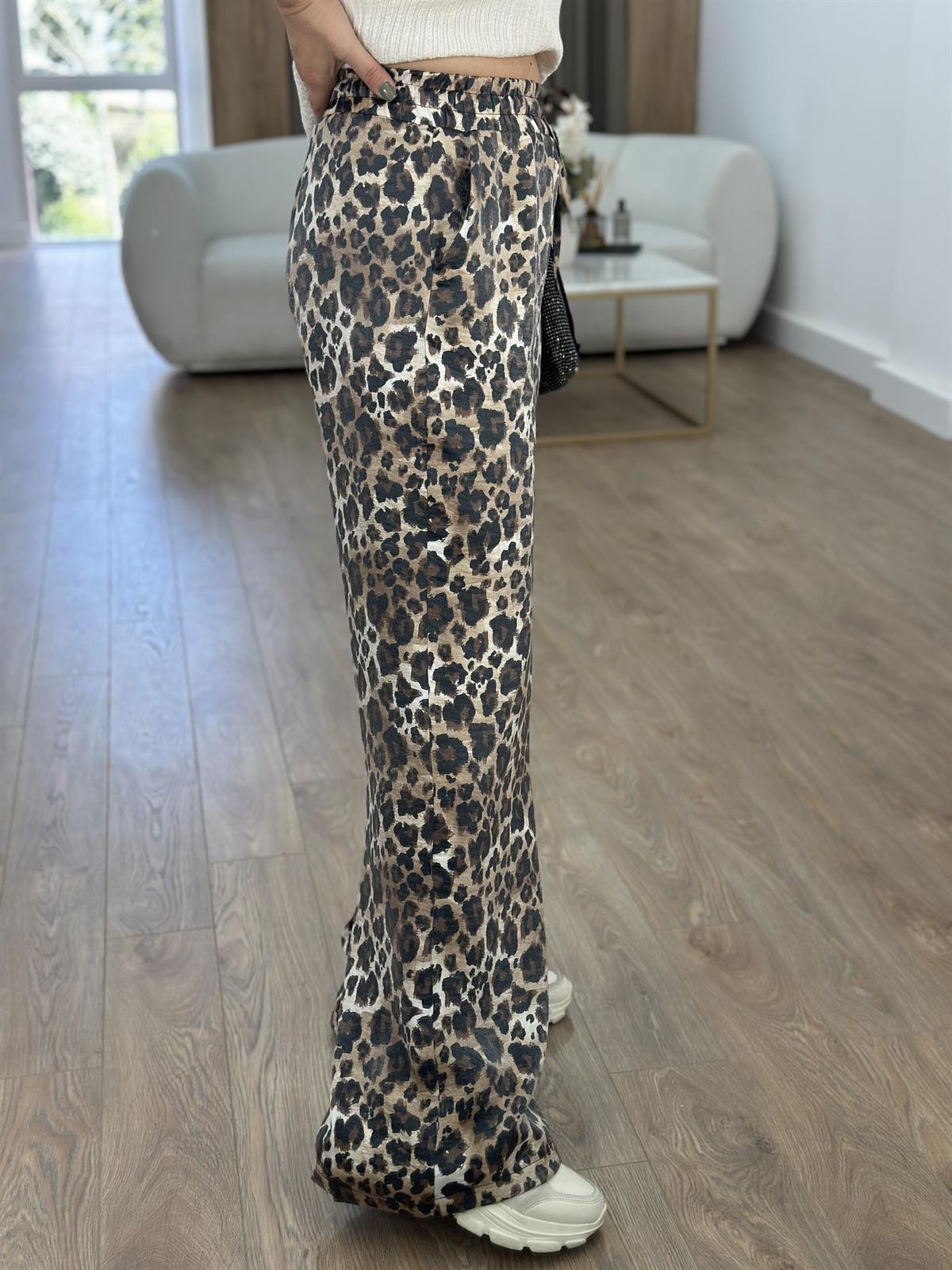 Leopar Desen Saten Pantolon-Kahverengi