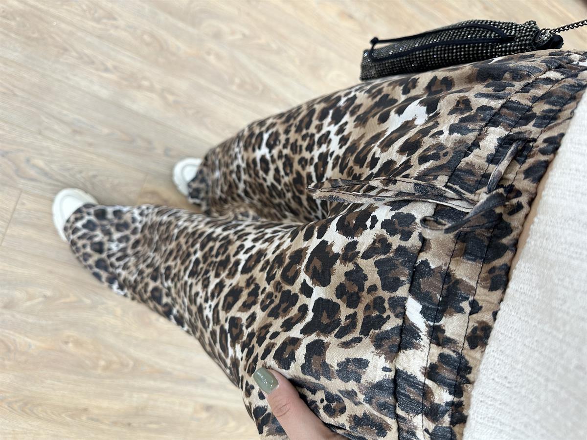 Leopar Desen Saten Pantolon-Kahverengi
