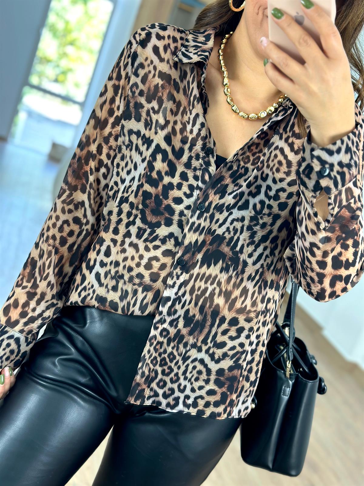 Leopar Desen Şifon Gömlek