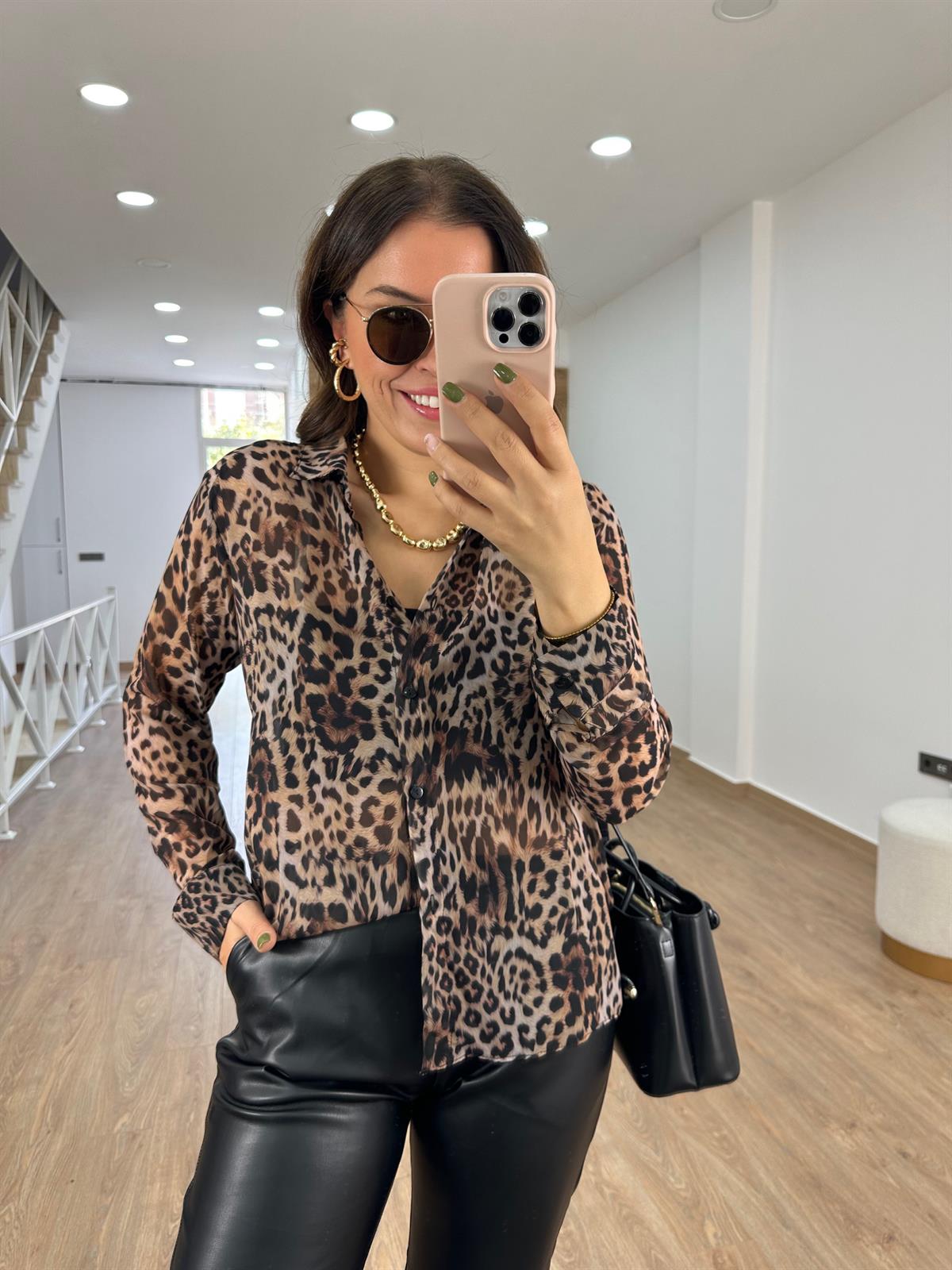 Leopar Desen Şifon Gömlek