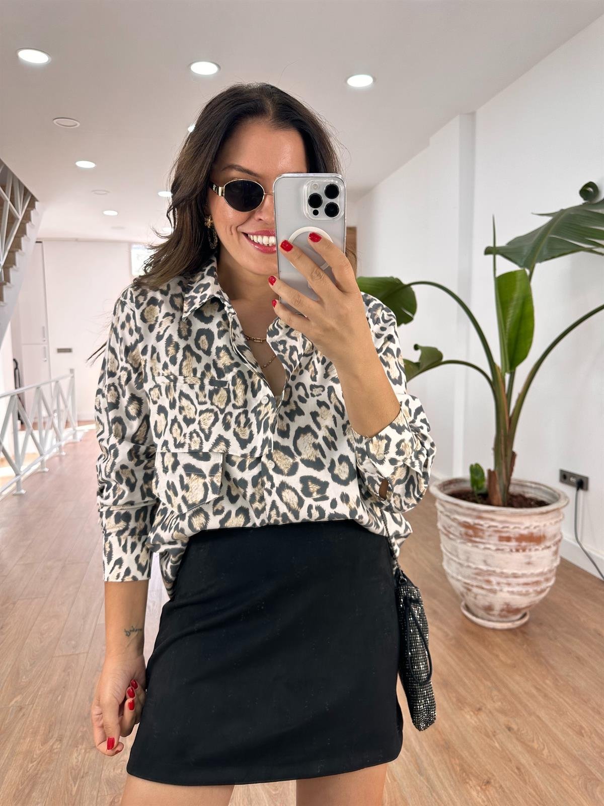 Leopar Desen Tasarım Cep Detaylı Gömlek