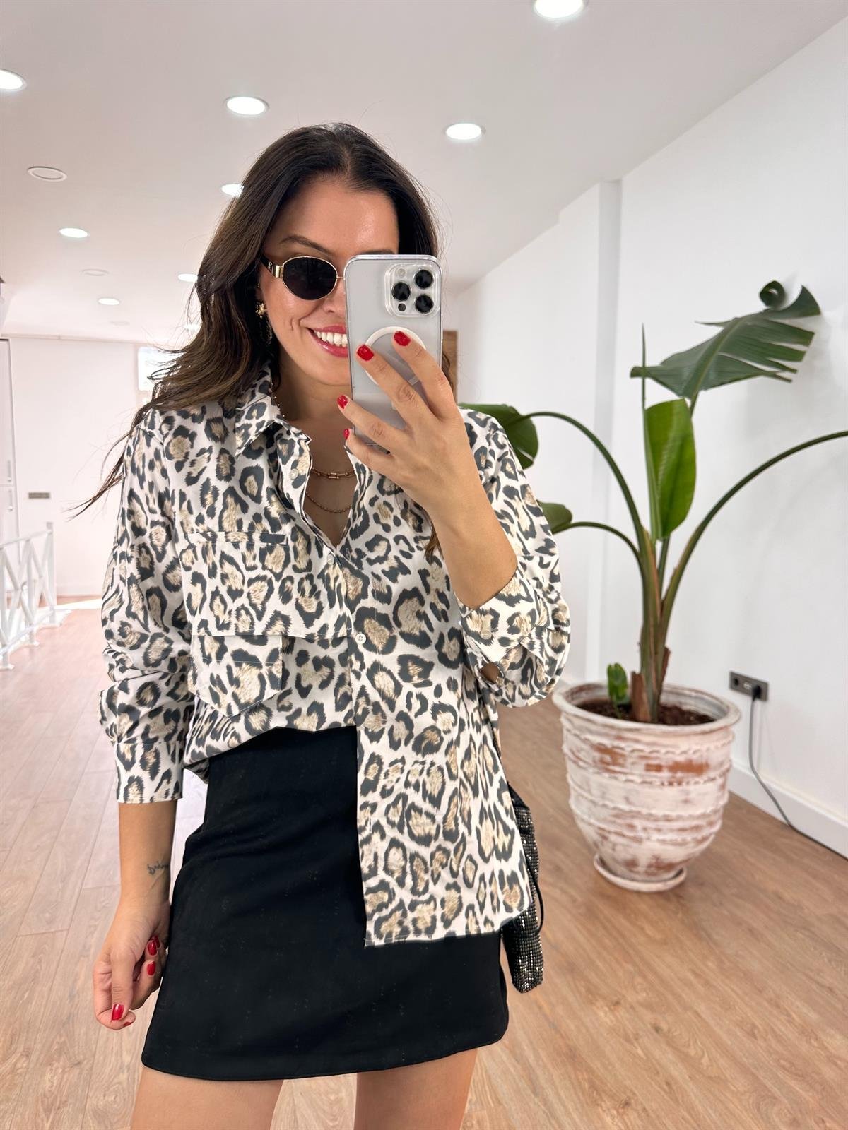 Leopar Desen Tasarım Cep Detaylı Gömlek