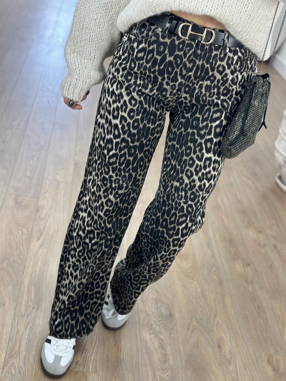 Leopar Desenli Stright Jean - Kahverengi