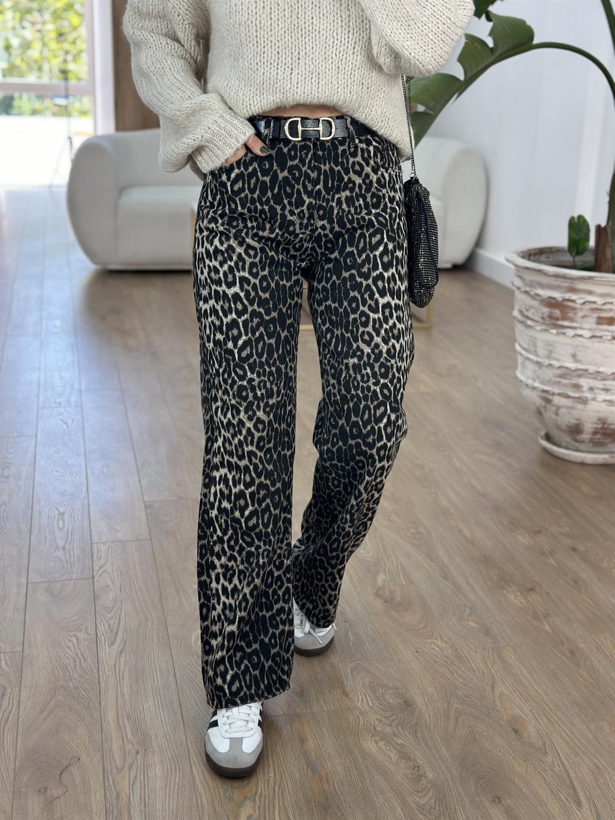 Leopar Desenli Stright Jean - Kahverengi