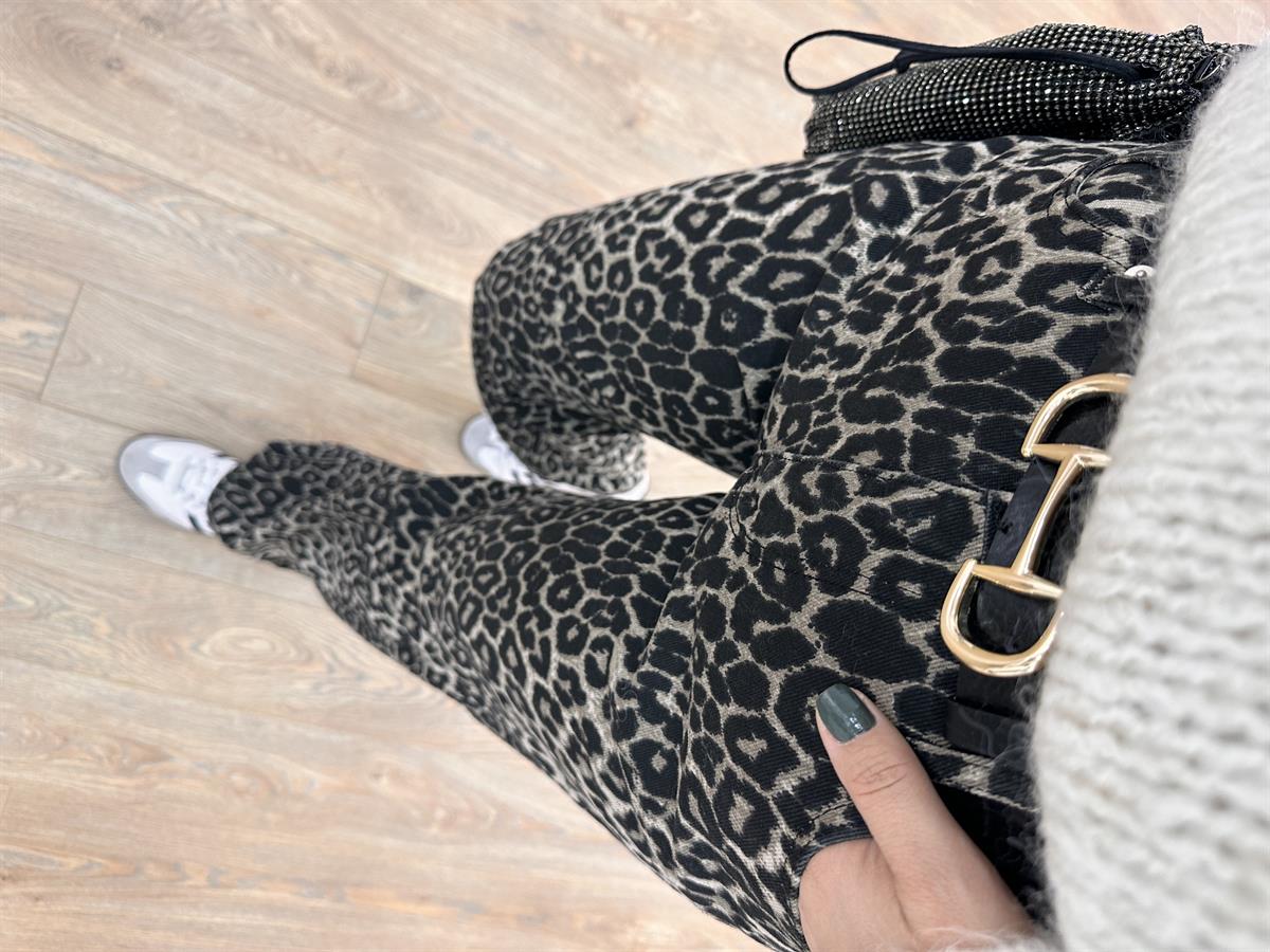 Leopar Desenli Stright Jean - Kahverengi