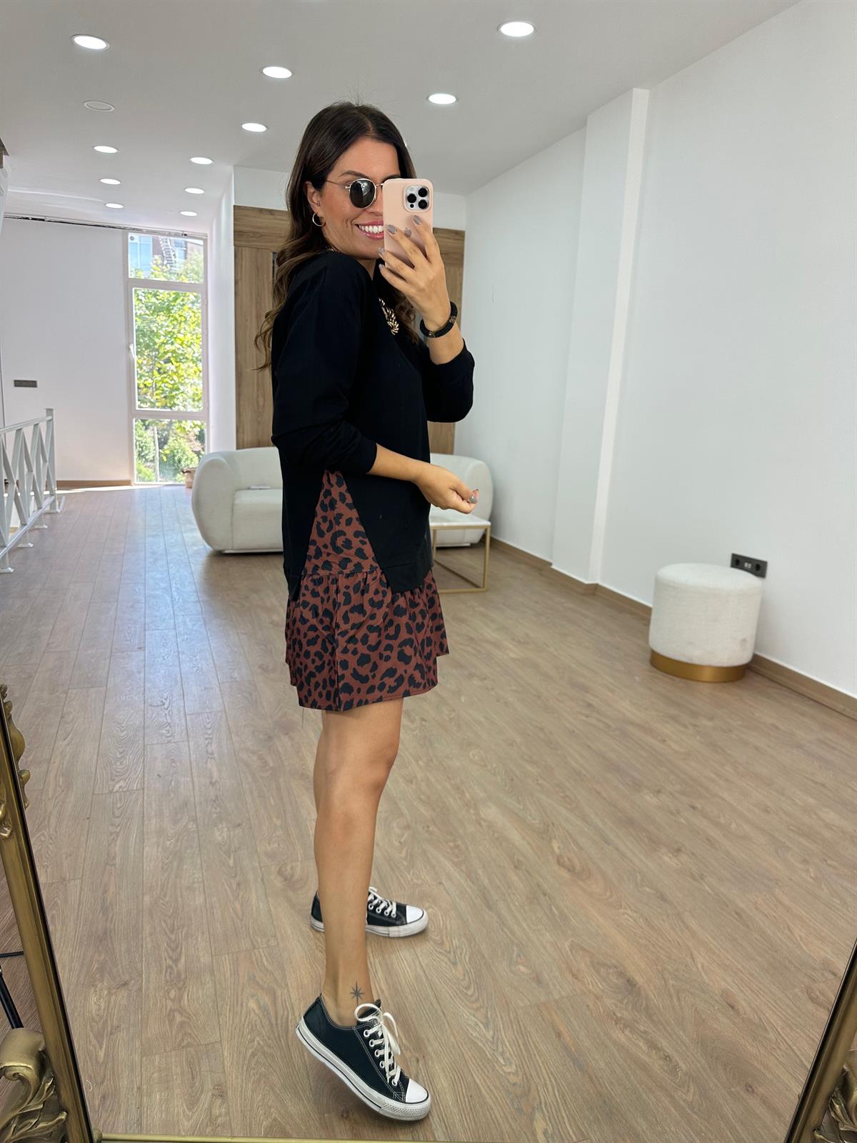 Leopar Desenli Sweat Elbise