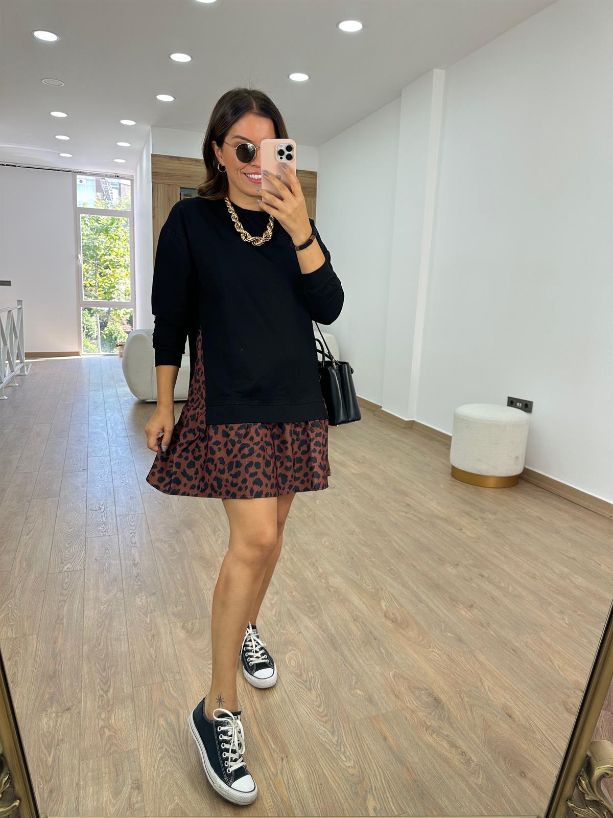 Leopar Desenli Sweat Elbise