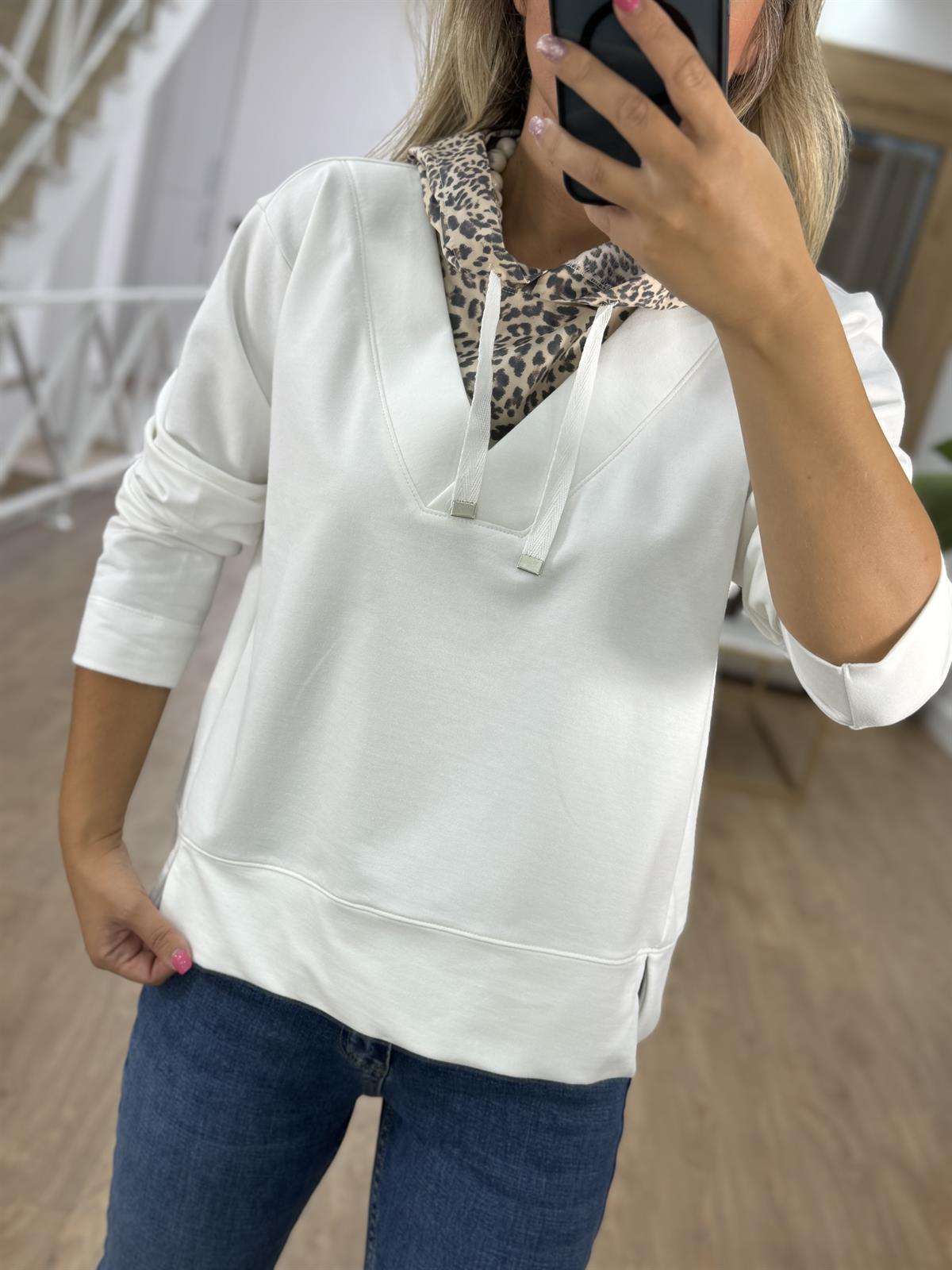 Leopar Detaylı Kapüşonlu Sweatshirt - Beyaz