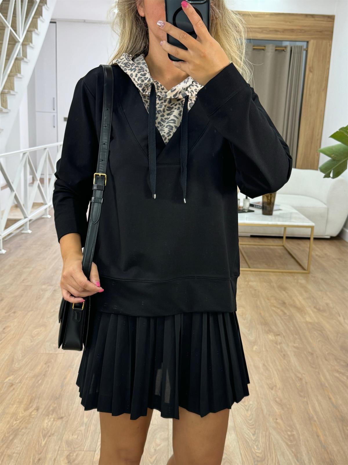 Leopar Detaylı Kapüşonlu Sweatshirt - Siyah