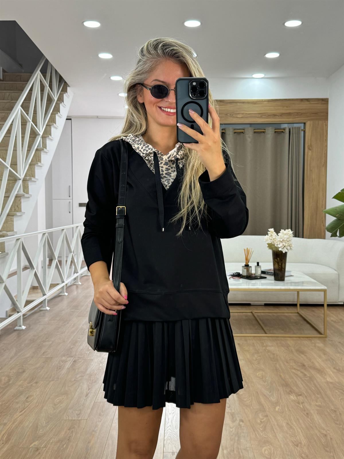 Leopar Detaylı Kapüşonlu Sweatshirt - Siyah