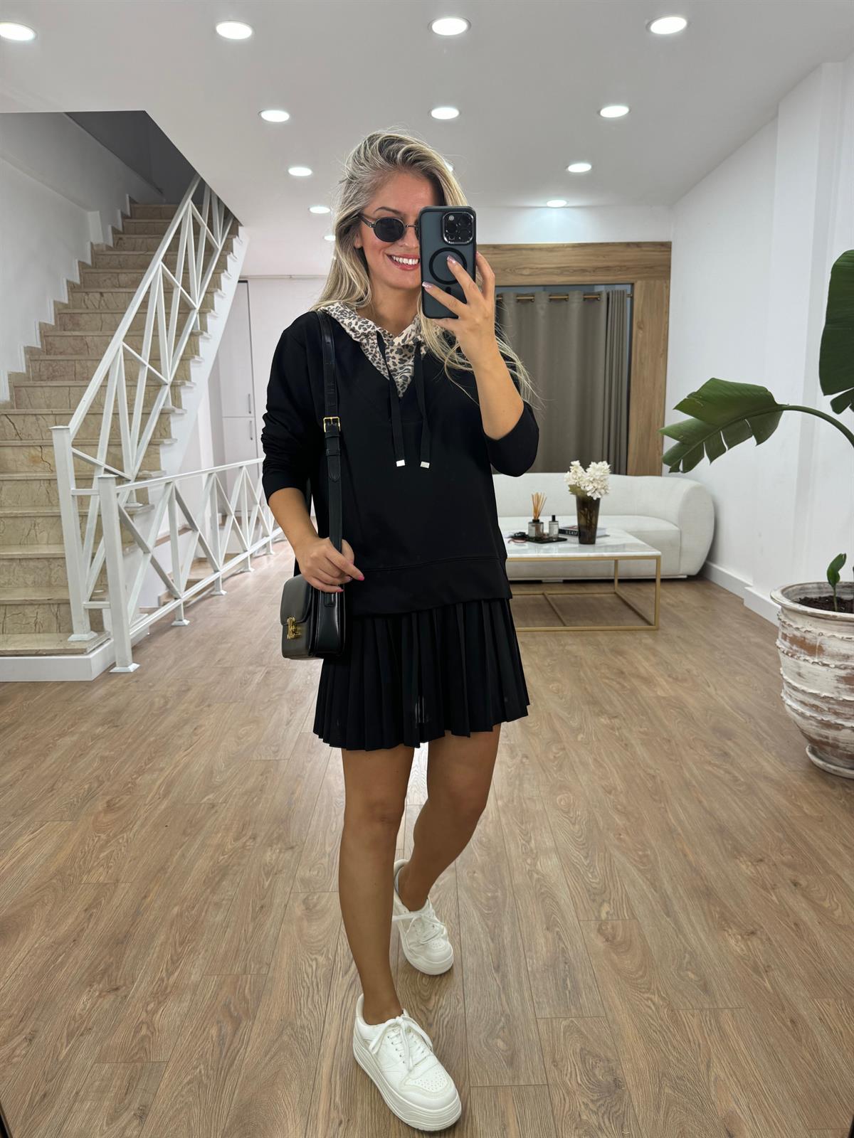 Leopar Detaylı Kapüşonlu Sweatshirt - Siyah