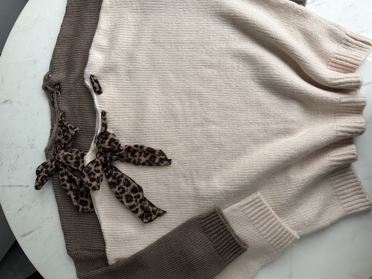 Leopar Fularlı Kazak - Koyu Vizon 