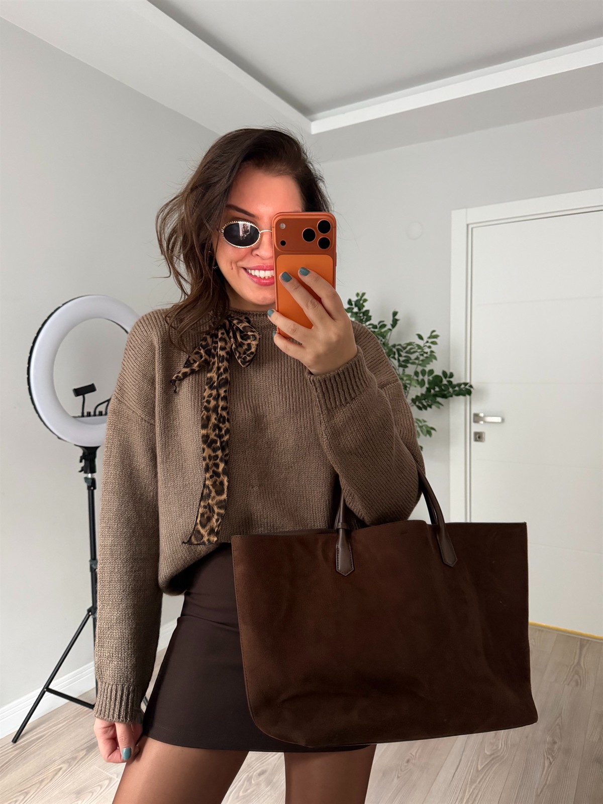 Leopar Fularlı Kazak - Koyu Vizon 