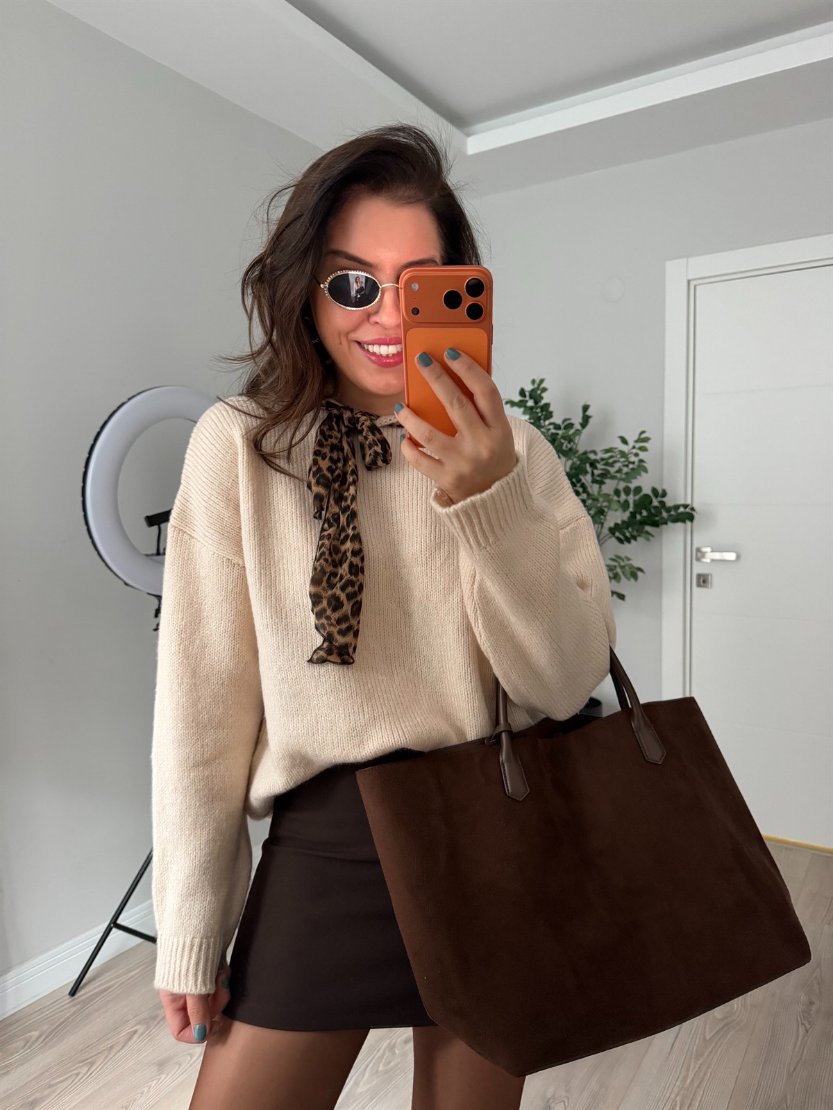 Leopar Fularlı Kazak - Krem 