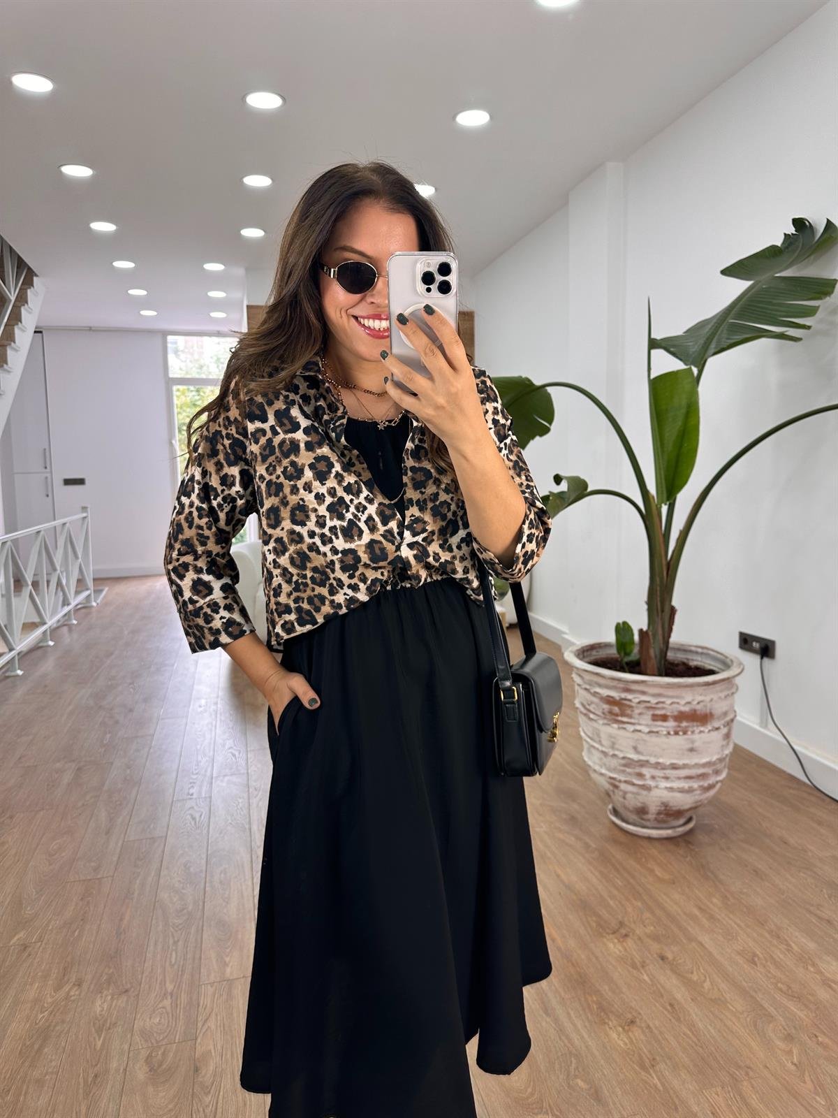 Leopar Gömlek Detaylı Beli Lastikli Elbise