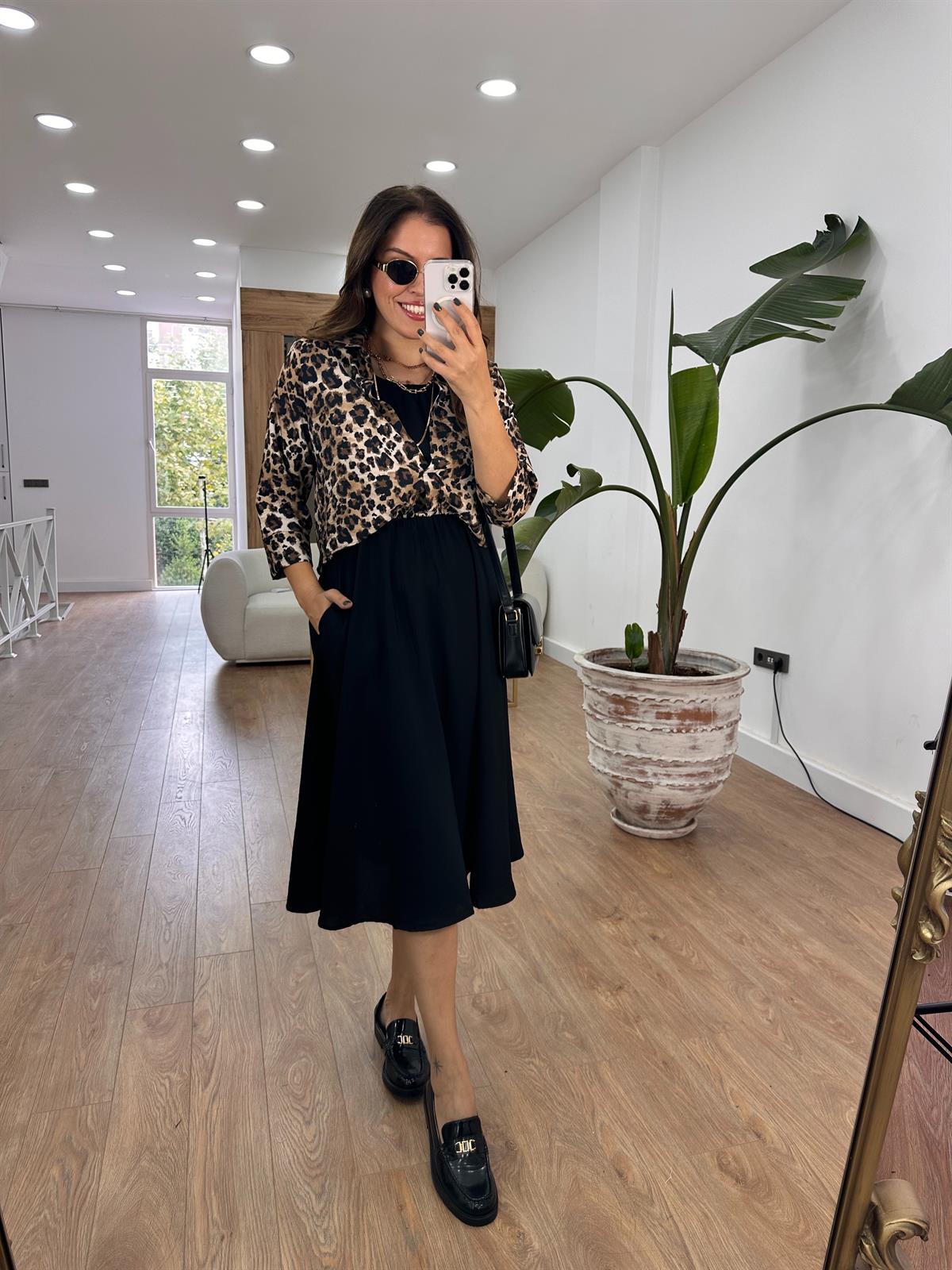 Leopar Gömlek Detaylı Beli Lastikli Elbise