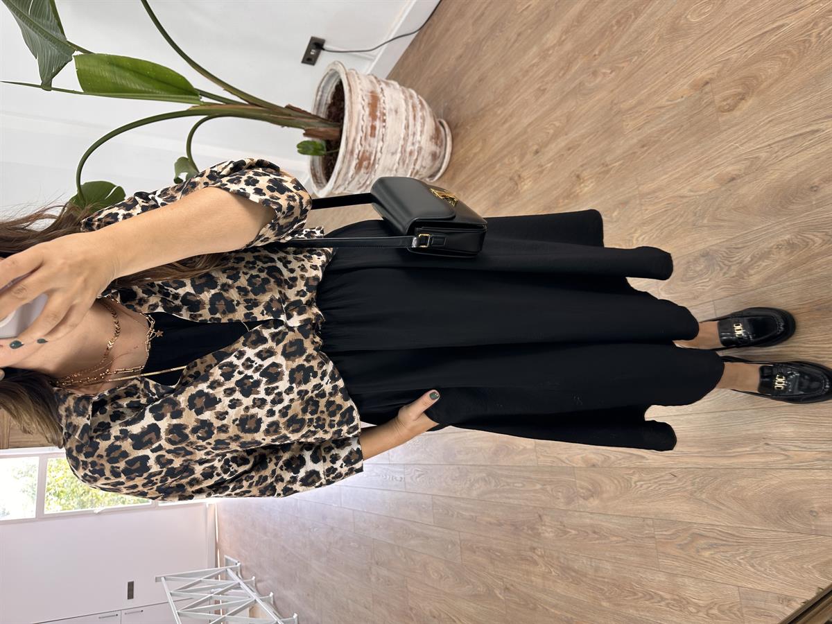 Leopar Gömlek Detaylı Beli Lastikli Elbise