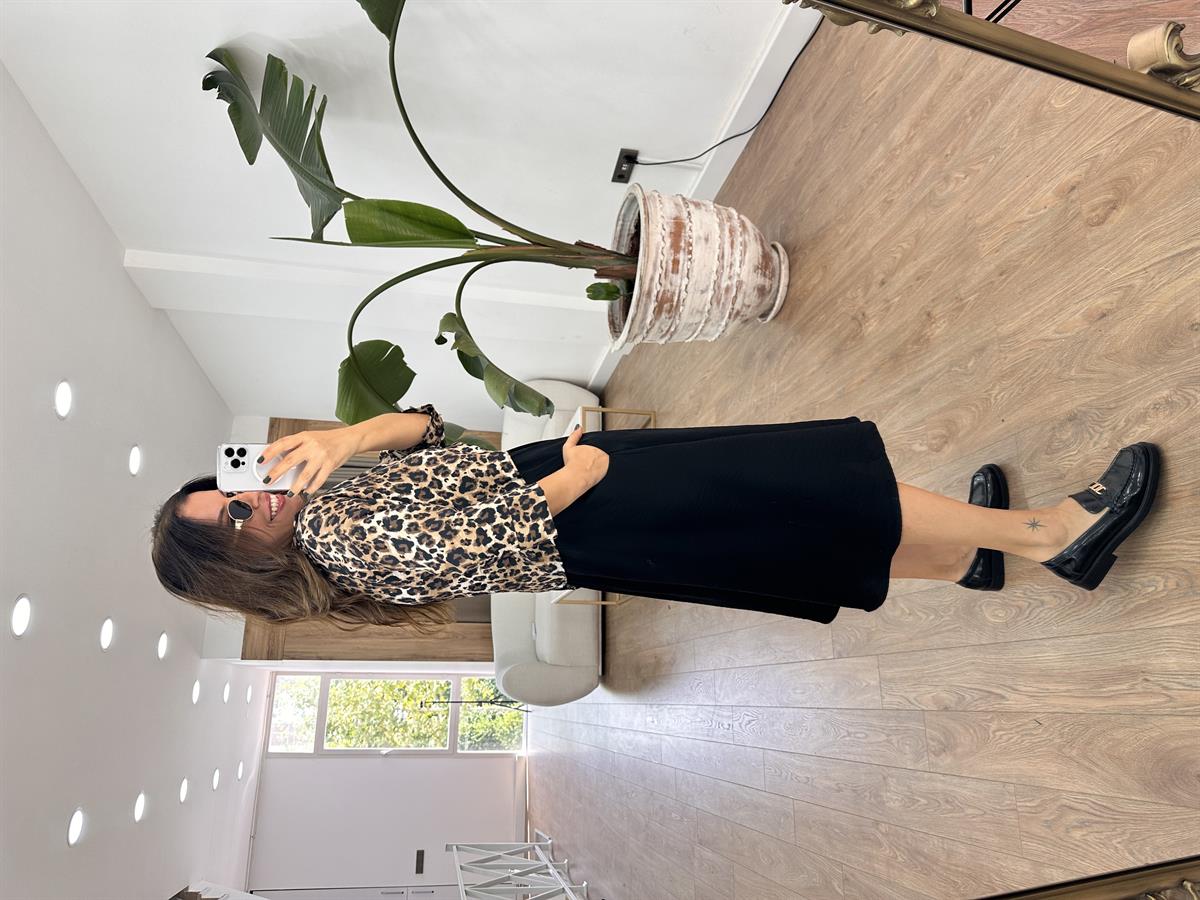 Leopar Gömlek Detaylı Beli Lastikli Elbise