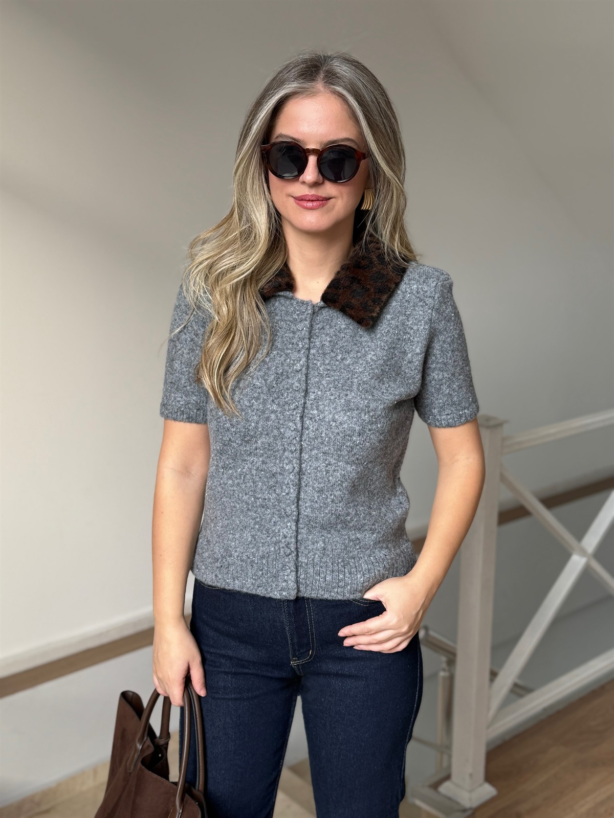 Leopar Kürk Yaka Triko Hırka 