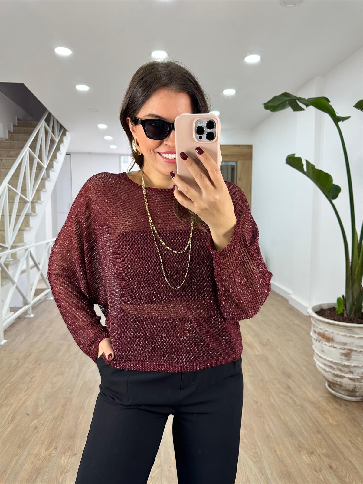 Likralı Ajurlu Triko-Bordo