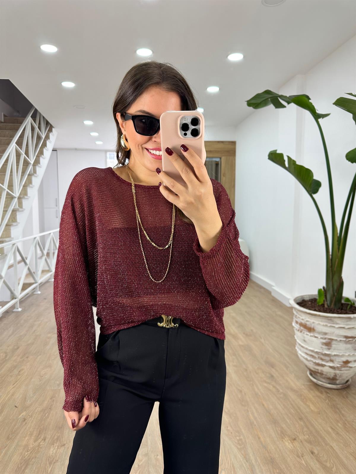 Likralı Ajurlu Triko-Bordo