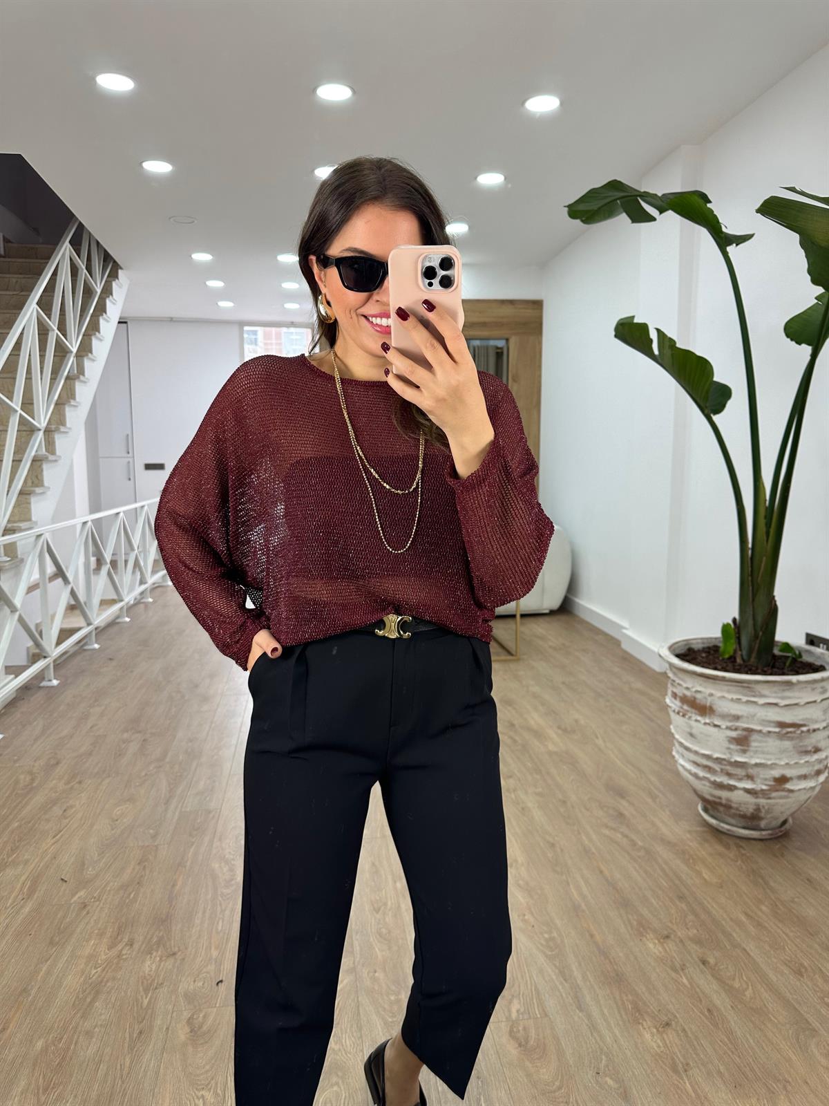 Likralı Ajurlu Triko-Bordo