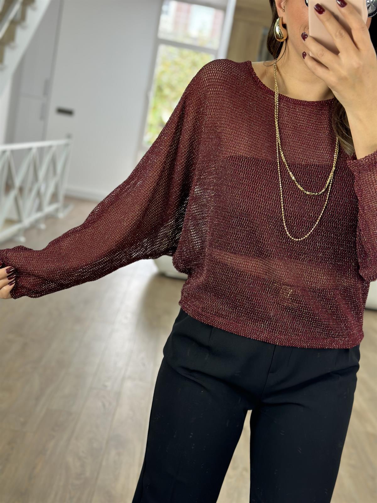 Likralı Ajurlu Triko-Bordo