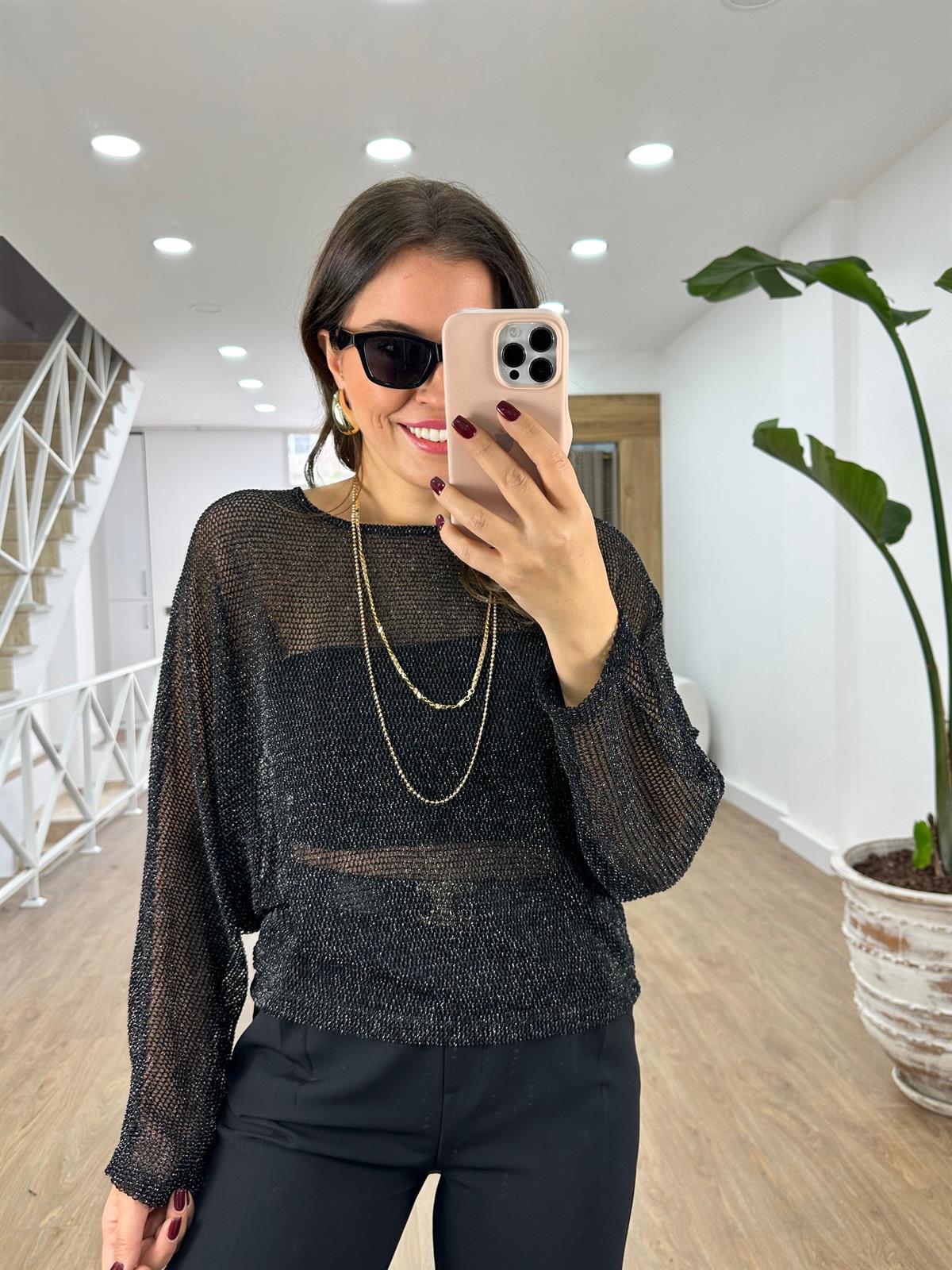 Likralı Ajurlu Triko-Siyah