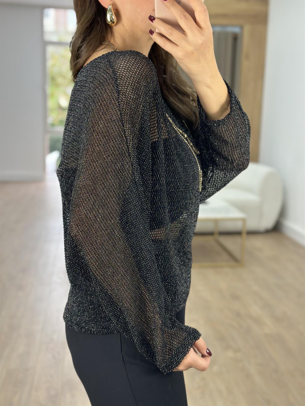 Likralı Ajurlu Triko-Siyah