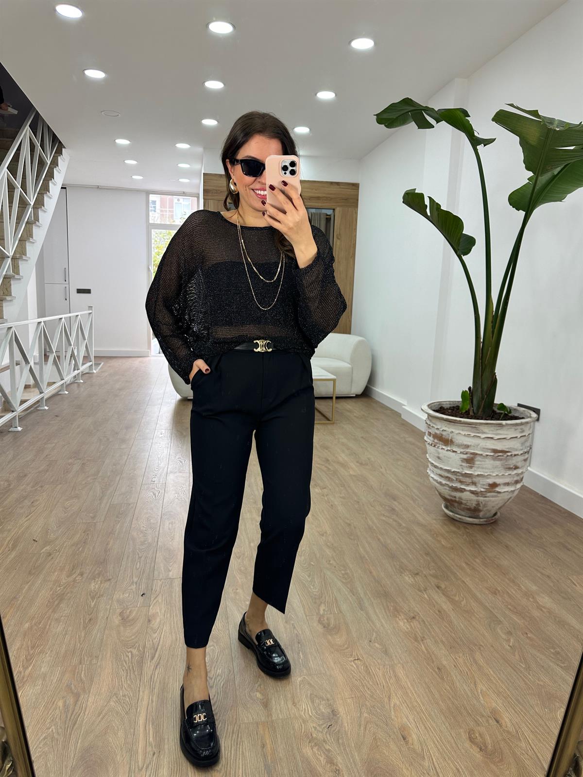 Likralı Ajurlu Triko-Siyah